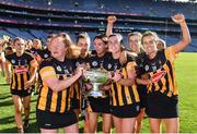 7 August 2022; Kilkenny players celebrate with the O'Duffy Cup after their side's victory in the Glen Dimplex All-Ireland Senior Camogie Championship Final match between Cork and Kilkenny at Croke Park in Dublin. Photo by Seb Daly/Sportsfile