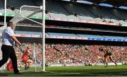 7 August 2022; Sophie Dwyer of Kilkenny shoots to score her side's first goal during the Glen Dimplex All-Ireland Senior Camogie Championship Final match between Cork and Kilkenny at Croke Park in Dublin. Photo by Seb Daly/Sportsfile