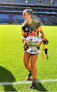 7 August 2022; Michelle Teehan of Kilkenny celebrates with the O'Duffy Cup after her side's victory in the Glen Dimplex All-Ireland Senior Camogie Championship Final match between Cork and Kilkenny at Croke Park in Dublin. Photo by Seb Daly/Sportsfile