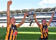 7 August 2022; Kilkenny players Katie Power, left, and Grace Walsh celebrate with the O'Duffy Cup after their side's victory in the Glen Dimplex All-Ireland Senior Camogie Championship Final match between Cork and Kilkenny at Croke Park in Dublin. Photo by Seb Daly/Sportsfile