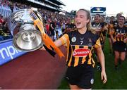 7 August 2022; Laura Murphy of Kilkenny celebrates with the O'Duffy Cup after her side's victory in the Glen Dimplex All-Ireland Senior Camogie Championship Final match between Cork and Kilkenny at Croke Park in Dublin. Photo by Seb Daly/Sportsfile