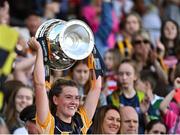 7 August 2022; Kilkenny captain Aoife Prendergast lifts the O'Duffy Cup after her side's victory in the Glen Dimplex All-Ireland Senior Camogie Championship Final match between Cork and Kilkenny at Croke Park in Dublin. Photo by Piaras Ó Mídheach/Sportsfile