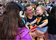 7 August 2022; Kilkenny captain Aoife Prendergast and her niece Indie during an RTÉ radio interview after her side's victory in the Glen Dimplex All-Ireland Senior Camogie Championship Final match between Cork and Kilkenny at Croke Park in Dublin. Photo by Piaras Ó Mídheach/Sportsfile