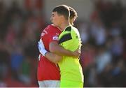 7 August 2022; Shane Blaney, left, and Luke Mcnicholas of Sligo Rovers embrace at the final whistle of the SSE Airtricity League Premier Division match between Sligo Rovers and Bohemians at The Showgrounds in Sligo. Photo by Ben McShane/Sportsfile