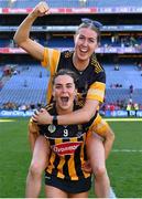 7 August 2022; Kilkenny players Kellyann Doyle and Katie Power, 9, celebrate after their side's victory in the Glen Dimplex All-Ireland Senior Camogie Championship Final match between Cork and Kilkenny at Croke Park in Dublin. Photo by Piaras Ó Mídheach/Sportsfile