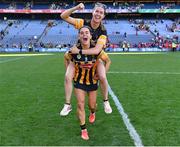 7 August 2022; Kilkenny players Kellyann Doyle and Katie Power, 9, celebrate after their side's victory in the Glen Dimplex All-Ireland Senior Camogie Championship Final match between Cork and Kilkenny at Croke Park in Dublin. Photo by Piaras Ó Mídheach/Sportsfile