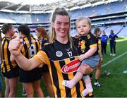 7 August 2022; Kilkenny captain Aoife Prendergast and her niece Indie celebrate after her side's victory in the Glen Dimplex All-Ireland Senior Camogie Championship Final match between Cork and Kilkenny at Croke Park in Dublin. Photo by Piaras Ó Mídheach/Sportsfile