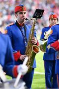 7 August 2022; A saxophonist with The Artane Band, before the Glen Dimplex All-Ireland Senior Camogie Championship Final match between Cork and Kilkenny at Croke Park in Dublin. Photo by Piaras Ó Mídheach/Sportsfile