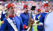 7 August 2022; A saxophonist with The Artane Band, centre, before the Glen Dimplex All-Ireland Senior Camogie Championship Final match between Cork and Kilkenny at Croke Park in Dublin. Photo by Piaras Ó Mídheach/Sportsfile