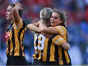 7 August 2022; Kilkenny players Katie Power, right, and Leann Fennelly celebrate after their side's victory in the Glen Dimplex All-Ireland Senior Camogie Championship Final match between Cork and Kilkenny at Croke Park in Dublin. Photo by Piaras Ó Mídheach/Sportsfile
