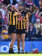 7 August 2022; Kilkenny players Grace Walsh, left, and Claire Phelan celebrate after their side's victory in the Glen Dimplex All-Ireland Senior Camogie Championship Final match between Cork and Kilkenny at Croke Park in Dublin. Photo by Piaras Ó Mídheach/Sportsfile