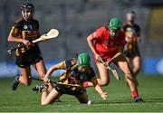 7 August 2022; Laura Murphy of Kilkenny in action against Cliona Healy of Cork during the Glen Dimplex All-Ireland Senior Camogie Championship Final match between Cork and Kilkenny at Croke Park in Dublin. Photo by Piaras Ó Mídheach/Sportsfile