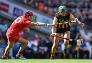7 August 2022; Denise Gaule of Kilkenny in action against Katrina Mackey of Cork during the Glen Dimplex All-Ireland Senior Camogie Championship Final match between Cork and Kilkenny at Croke Park in Dublin. Photo by Piaras Ó Mídheach/Sportsfile