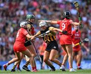 7 August 2022; Michaela Kenneally of Kilkenny in action against Meabh Cahalane, left, and Ashling Thompson of Cork during the Glen Dimplex All-Ireland Senior Camogie Championship Final match between Cork and Kilkenny at Croke Park in Dublin. Photo by Piaras Ó Mídheach/Sportsfile