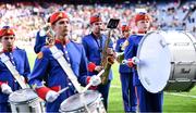 7 August 2022; A saxophonist and percussionists with The Artane Band, centre, before the Glen Dimplex All-Ireland Senior Camogie Championship Final match between Cork and Kilkenny at Croke Park in Dublin. Photo by Piaras Ó Mídheach/Sportsfile