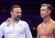 6 August 2022; Paddy Donovan, and his trainer Andy Lee, during his welterweight bout against Tom Hill at SSE Arena in Belfast.  Photo by Ramsey Cardy/Sportsfile