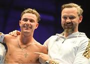 6 August 2022; Paddy Donovan, and his trainer Andy Lee, after his welterweight bout against Tom Hill at SSE Arena in Belfast.  Photo by Ramsey Cardy/Sportsfile