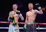 6 August 2022; Ruadhan Farrell, right, and Colm Murphy after their BUI Celtic featherweight title bout at SSE Arena in Belfast. Photo by Ramsey Cardy/Sportsfile