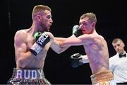 6 August 2022; Ruadhan Farrell, left, and Colm Murphy during their BUI Celtic featherweight title bout at SSE Arena in Belfast. Photo by Ramsey Cardy/Sportsfile
