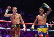 6 August 2022; Michael Conlan, left, and Miguel Marriaga after their featherweight bout at SSE Arena in Belfast. Photo by Ramsey Cardy/Sportsfile