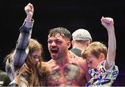 6 August 2022; Tyrone McKenna celebrates defeating Chris Jenkins in their welterweight bout at SSE Arena in Belfast. Photo by Ramsey Cardy/Sportsfile