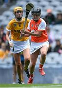 7 August 2022; Michelle McArdle of Armagh in action against Megan McGarry of Antrim during the Glen Dimplex All-Ireland Premier Junior Camogie Championship Final match between Antrim and Armagh at Croke Park in Dublin. Photo by Piaras Ó Mídheach/Sportsfile