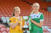 8 August 2022; Antrim captain Cathy Carey, left, and Fermanagh captain Molly McGloin pictured at the Athletic Grounds in Armagh, ahead of the TG4 All-Ireland Ladies Junior Football Championship Final replay. Antrim will play Fermanagh at the Athletic Grounds next Saturday, August 13, in the 2022 TG4 All-Ireland Junior Championship Final replay. The game will get underway at 5pm and will be televised live by TG4. Photo by Ramsey Cardy/Sportsfile