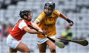 7 August 2022; Eilis Kearns of Antrim in action against Ciara Donnelly of Armagh during the Glen Dimplex All-Ireland Premier Junior Camogie Championship Final match between Antrim and Armagh at Croke Park in Dublin. Photo by Piaras Ó Mídheach/Sportsfile