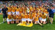 7 August 2022; Antrim players celebrate after their side's victory in the Glen Dimplex All-Ireland Premier Junior Camogie Championship Final match between Antrim and Armagh at Croke Park in Dublin. Photo by Piaras Ó Mídheach/Sportsfile