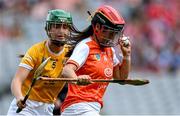 7 August 2022; Bernadette Murray of Armagh in action against Caitlin Crawford of Antrim during the Glen Dimplex All-Ireland Premier Junior Camogie Championship Final match between Antrim and Armagh at Croke Park in Dublin. Photo by Piaras Ó Mídheach/Sportsfile