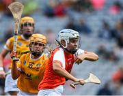 7 August 2022; Eimear O’Kane of Armagh in action against Tara O’Neill of Antrim during the Glen Dimplex All-Ireland Premier Junior Camogie Championship Final match between Antrim and Armagh at Croke Park in Dublin. Photo by Piaras Ó Mídheach/Sportsfile