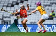 7 August 2022; Eimear Smyth of Armagh in action against Nuala Devlin of Antrim during the Glen Dimplex All-Ireland Premier Junior Camogie Championship Final match between Antrim and Armagh at Croke Park in Dublin. Photo by Piaras Ó Mídheach/Sportsfile