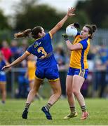 3 August 2022; Gráinne Burke of Clare in action against Orlaith Ní Ghallchobhair of Wicklow during the ZuCar All-Ireland Ladies Football Minor ‘C’ Championship Final match between Clare and Wicklow at Kinnegad GAA club in Kinnegad, Westmeath. Photo by Piaras Ó Mídheach/Sportsfile