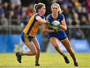 3 August 2022; Lizzie Bourke of Wicklow in action against Emer Hynes of Clare during the ZuCar All-Ireland Ladies Football Minor ‘C’ Championship Final match between Clare and Wicklow at Kinnegad GAA club in Kinnegad, Westmeath. Photo by Piaras Ó Mídheach/Sportsfile