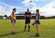 3 August 2022; Referee Paul Burke with team captains Emer Hynes of Clare and Emily Rose O'Toole of Wicklow before the ZuCar All-Ireland Ladies Football Minor ‘C’ Championship Final match between Clare and Wicklow at Kinnegad GAA club in Kinnegad, Westmeath. Photo by Piaras Ó Mídheach/Sportsfile