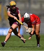 7 August 2022; Rachel Harty of Cork in action against Tegan Canning of Galway during the Glen Dimplex All-Ireland Intermediate Camogie Championship Final match between Cork and Galway at Croke Park in Dublin. Photo by Piaras Ó Mídheach/Sportsfile