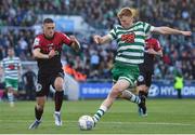 24 June 2022; Rory Gaffney of Shamrock Rovers in action against Max Murphy of Bohemians during the SSE Airtricity League Premier Division match between Shamrock Rovers and Bohemians at Tallaght Stadium in Dublin. Photo by Ramsey Cardy/Sportsfile