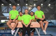 9 August 2022; At an event showcasing Gymnastics Ireland’s Men’s team who are competing in the upcoming 2022 European Championships in Munich are the Gymnastics Ireland Men’s Senior team, from left, Eamon Montgomery, Daniel Fox, Rhys McClenaghan, Dominick Cunningham and Ewan McAteer at the National Gymnastics Training Centre on the Sport Ireland Campus in Dublin. Photo by Stephen McCarthy/Sportsfile