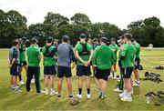 9 August 2022; The Ireland team huddle before the Men's T20 International match between Ireland and Afghanistan at Stormont in Belfast. Photo by Ramsey Cardy/Sportsfile
