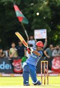 9 August 2022; Najibullah Zadran of Afghanistan hits a six during the Men's T20 International match between Ireland and Afghanistan at Stormont in Belfast. Photo by Ramsey Cardy/Sportsfile