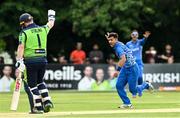 9 August 2022; Fazal Haq Farooqi of Afghanistan appeals for the wicket of Paul Stirling of Ireland during the Men's T20 International match between Ireland and Afghanistan at Stormont in Belfast. Photo by Ramsey Cardy/Sportsfile
