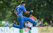 9 August 2022; Fazal Haq Farooqi of Afghanistan celebrates after dismissing Paul Stirling of Ireland during the Men's T20 International match between Ireland and Afghanistan at Stormont in Belfast. Photo by Ramsey Cardy/Sportsfile
