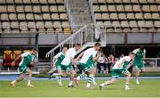 9 August 2022; Shamrock Rovers players warm up before the UEFA Europa League third qualifying round second leg match between Shkupi and Shamrock Rovers at Arena Todor Proeski in Skopje, North Macedonia. Photo by Ognen Teofilovski/Sportsfile