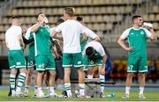 9 August 2022; Shamrock Rovers players including Aaron Greene, second left, drink water before the UEFA Europa League third qualifying round second leg match between Shkupi and Shamrock Rovers at Arena Todor Proeski in Skopje, North Macedonia. Photo by Ognen Teofilovski/Sportsfile