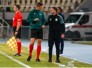 9 August 2022; Shamrock Rovers manager Stephen Bradley speaks with fourth official Viktor Shimusik during the UEFA Europa League third qualifying round second leg match between Shkupi and Shamrock Rovers at Arena Todor Proeski in Skopje, North Macedonia. Photo by Ognen Teofilovski/Sportsfile