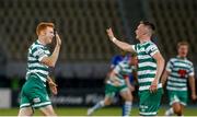 9 August 2022; Rory Gaffney of Shamrock Rovers, left, celebrates with teammate Andy Lyons after scoring his side's first goal during the UEFA Europa League third qualifying round second leg match between Shkupi and Shamrock Rovers at Arena Todor Proeski in Skopje, North Macedonia. Photo by Ognen Teofilovski/Sportsfile