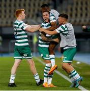 9 August 2022; Rory Gaffney of Shamrock Rovers, left, celebrates with teammates Lee Grace, Aidomo Emakhu and Justin Ferizaj after scoring his side's first goal during the UEFA Europa League third qualifying round second leg match between Shkupi and Shamrock Rovers at Arena Todor Proeski in Skopje, North Macedonia. Photo by Ognen Teofilovski/Sportsfile