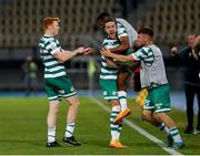 9 August 2022; Rory Gaffney of Shamrock Rovers, left, celebrates with teammates Lee Grace, Aidomo Emakhu and Adam Wells after scoring his side's first goal during the UEFA Europa League third qualifying round second leg match between Shkupi and Shamrock Rovers at Arena Todor Proeski in Skopje, North Macedonia. Photo by Ognen Teofilovski/Sportsfile