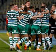 9 August 2022; Shamrock Rovers players celebrate their side's first goal during the UEFA Europa League third qualifying round second leg match between Shkupi and Shamrock Rovers at Arena Todor Proeski in Skopje, North Macedonia. Photo by Ognen Teofilovski/Sportsfile