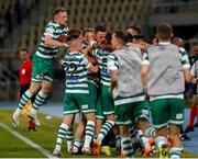 9 August 2022; Shamrock Rovers players including Sean Hoare, left, celebrate their side's first goal during the UEFA Europa League third qualifying round second leg match between Shkupi and Shamrock Rovers at Arena Todor Proeski in Skopje, North Macedonia. Photo by Ognen Teofilovski/Sportsfile